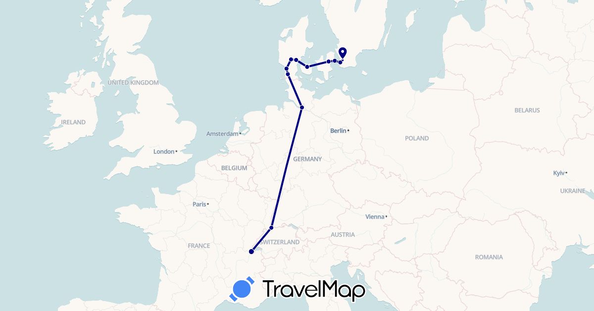 TravelMap itinerary: driving in Switzerland, Germany, Denmark, France, Sweden (Europe)